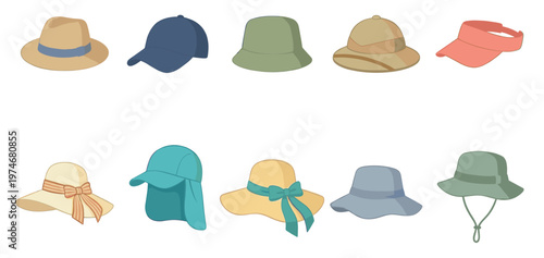 A vibrant and colorful collection of ten different styles of hats, including sun hats, caps, and visors, arranged in two rows on a white background.