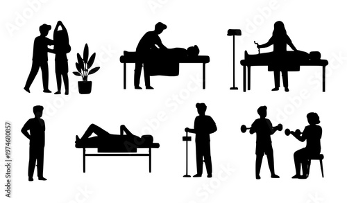 Physiotherapy flat cartoon icon set with rehabilitation massage and exercise healthcare scenes