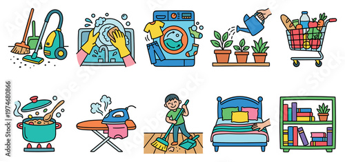 A colorful cartoon collection of illustrations depicting various household chores including cleaning, laundry, cooking, gardening, and tidying up.