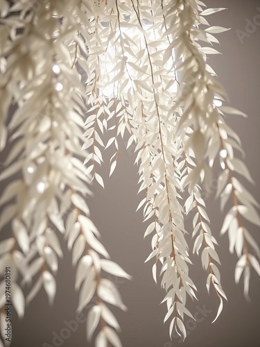Ethereal white leaves cascade downwards in a studio with dramatic lighting,  plant,  light