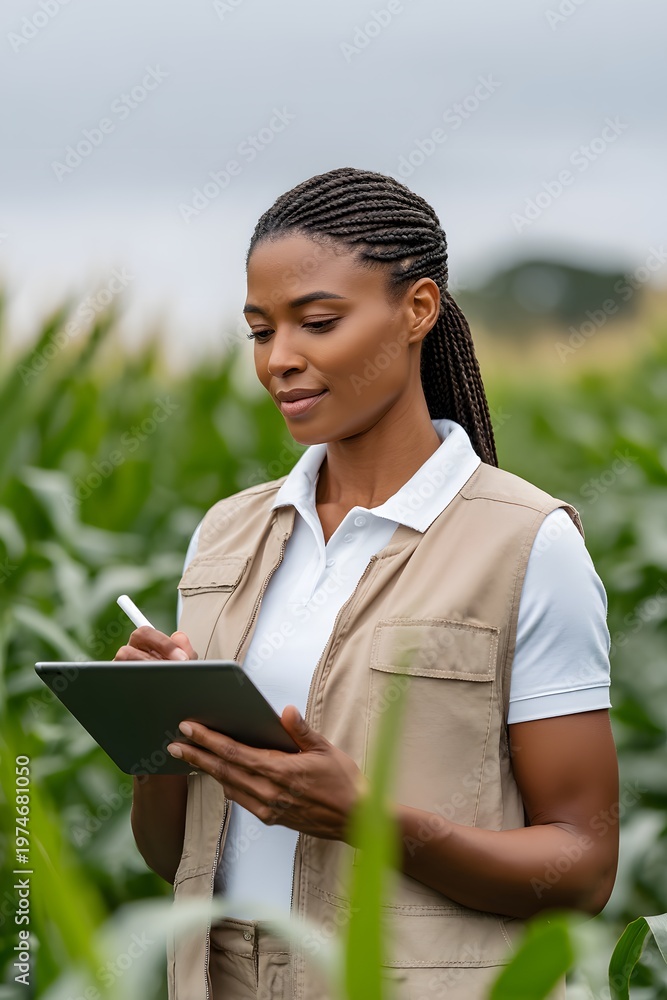 Fototapeta premium Agronomist examines corn plants and takes notes on tablet in the field
