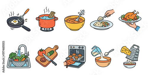 A collection of colorful cartoon illustrations depicting various cooking activities from washing vegetables and chopping to frying eggs and baking muffins.