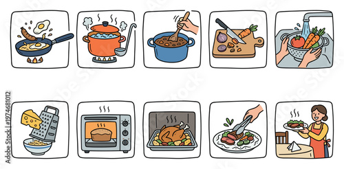 A collection of ten cartoon illustrations depicting various food preparation and cooking steps from raw ingredients to a finished meal, including frying, boiling, chopping, and serving.