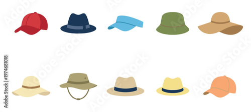 A collection of different types of hats, including baseball caps, fedoras, sun hats, and visors, all isolated on a clean white background.