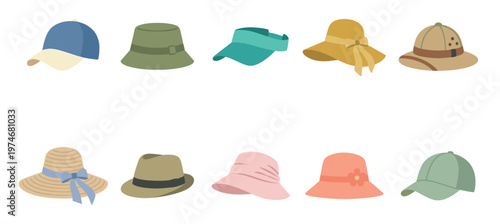 A collection of ten diverse and colorful hats, including caps, sun hats, and a safari hat, arranged in two rows against a clean white background, perfect for fashion or summer themes.