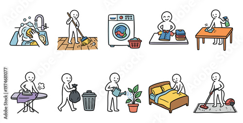 This illustration features a collection of cheerful stick figures performing various domestic tasks, from washing dishes and sweeping floors to doing laundry and making beds, conveying a sense