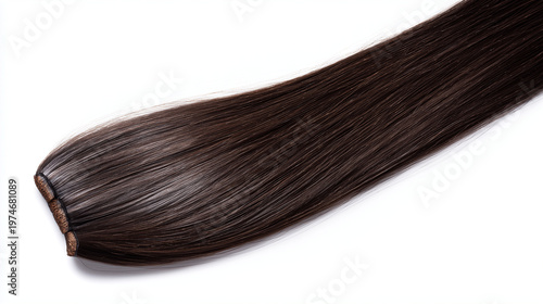 Vue de dessus d'une extension de cheveux professionnelle à la kératine, de couleur brun foncé. Isolé sur fond blanc