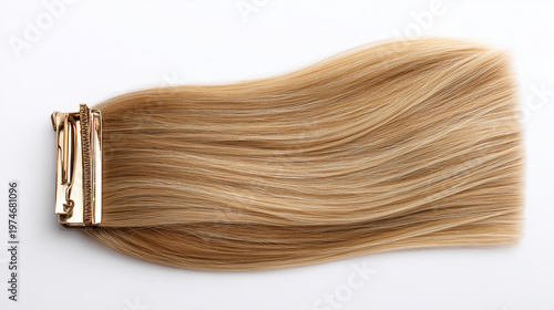Vue de dessus d'une extension de cheveux professionnelle à clip métallique, de couleur blond miel. Isolé sur fond blanc