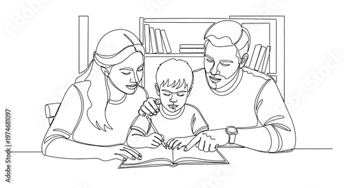 Parents helping child with homework at table.