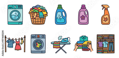 A collection of hand-drawn cartoon icons depicting various laundry and household cleaning tasks, including washing machines, laundry baskets, and folding clothes.