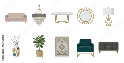 A collection of stylish modern furniture pieces including a sofa, chandelier, dining table, mirror, lamp, vase, plant, rug, armchair, and sideboard.