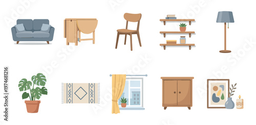 A curated flat illustration collection of modern home decor items, featuring furniture, plants, and decorative accents, ideal for interior design projects.