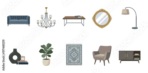 A curated collection of modern home decor items including a sofa, chandelier, coffee table, mirror, floor lamp, vase, plant, rug, armchair, and cabinet on a white background.