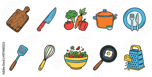 A cheerful collection of hand-drawn kitchen utensils, fresh vegetables, a prepared meal, and cooking equipment on a white background, perfect for culinary themes.