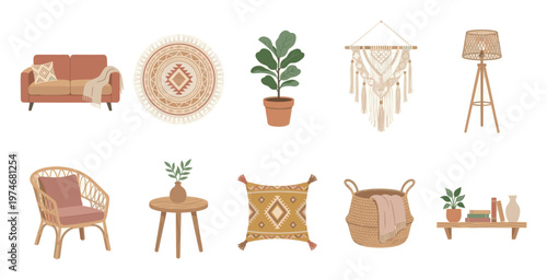 A collection of cozy bohemian home decor items including a sofa, chair, rug, plants, macrame, lamp, basket, and shelf with books, rendered in warm earthy tones on a white background.