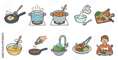 A collection of cute, hand-drawn icons illustrating various stages of the cooking process, from preparation to serving a meal.