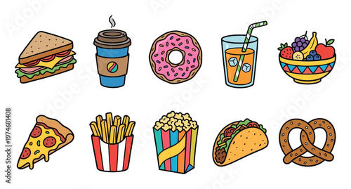 A collection of flat, colorful doodle icons representing various popular foods and drinks, set against a clean white background.