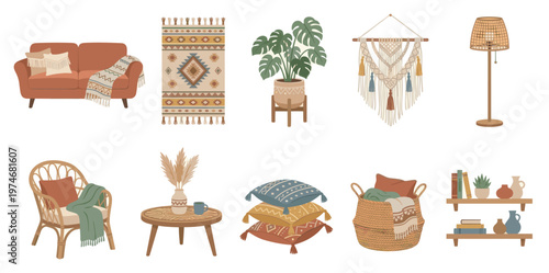 A curated collection of cozy boho-style home decor items, including a couch, rug, chair, plants, and lighting, perfect for interior design concepts.