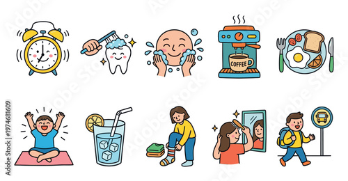 Collection of cute, simple flat icons depicting morning activities like waking up, brushing teeth, washing face, drinking coffee, eating breakfast, and getting ready for school or work.