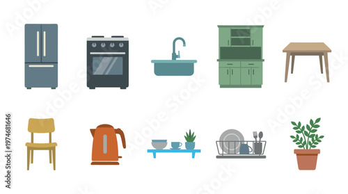 A collection of simple, flat-style icons representing various kitchen furniture and appliances on a white background, perfect for graphic design projects.