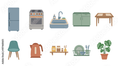 A flat vector illustration showcasing a collection of kitchen furniture and appliances, including a refrigerator, stove, sink, cabinets, table, chair, kettle, and plant.