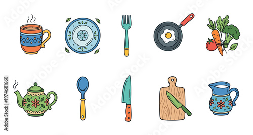 A cheerful collection of hand-drawn kitchen icons including a steaming mug, plate, fork, frying pan with egg, fresh vegetables, teapot, spoon, knife, cutting board, and pitcher.