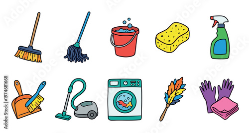 A colorful collection of cartoon style cleaning supplies, including a broom, mop, bucket, sponge, spray bottle, dustpan, vacuum, washing machine, duster, gloves, and cloths.