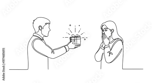 Man gives surprise gift to shocked woman illustration.