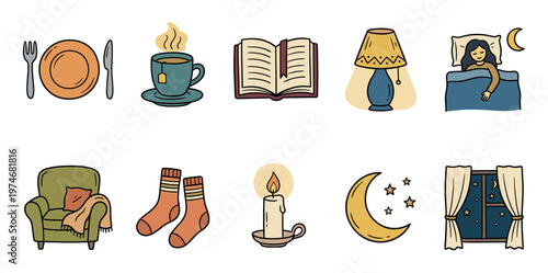 A collection of charming hand-drawn illustrations depicting relaxing evening activities like reading, drinking tea, and sleeping, perfect for conveying comfort and peace.