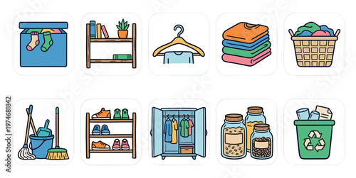 A collection of cartoon-style icons depicting various home organization and cleaning elements like clothes, shoes, books, and cleaning supplies.