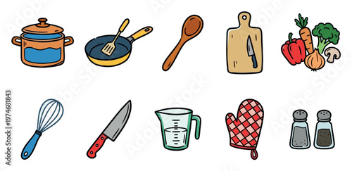 A charming collection of hand-drawn kitchen tools and ingredients, perfect for recipes, cooking blogs, and culinary designs.