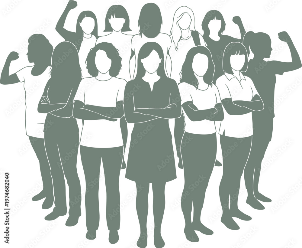 Obraz premium Collective of female silhouettes standing together in a show of strength and solidarity