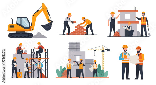 Construction workers building, excavating, and planning a new building project.