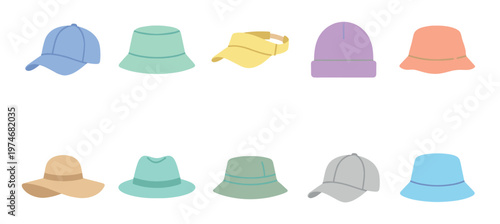 A cheerful collection of flat graphic illustrations of various hats and caps in pastel colors, set against a clean white background.