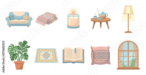 A collection of flat design illustrated home decor items including a sofa, blanket, candle, tea set, lamp, plant, rug, book, pillow, and window.