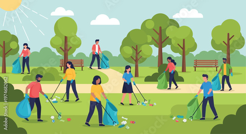 People cleaning park environment together.