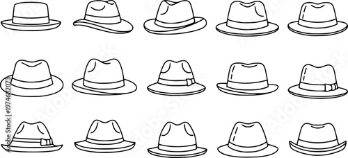 Fedora hat icons set. Fedora hat black linear icon on white background.