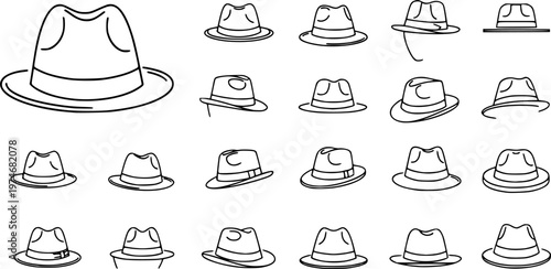 Fedora hat icons set. Fedora hat black linear icon on white background.