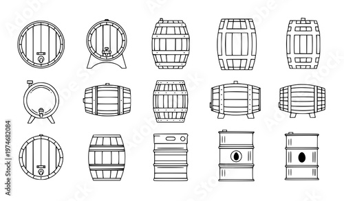 Thin line and flat barrel, keg, and oil drum vector icon set for brewing and beverage illustration