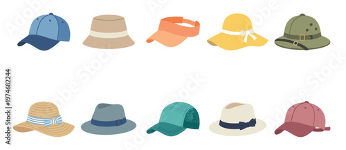 A clean, flat illustration showcases a diverse assortment of ten hats, including baseball caps, sun hats, and fedoras, arranged on a white background for versatility.