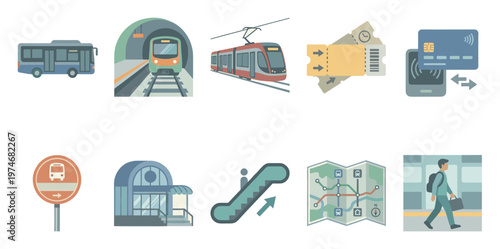 A collection of flat design icons representing various aspects of public transportation, including buses, trains, tickets, payment, stations, and travel.