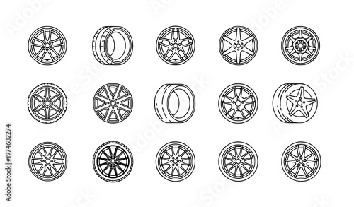 Car wheel rims icon vector set with automobile spare parts for repair shop and garage symbols