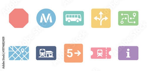 Collection of flat, colorful icons representing various aspects of public transportation and navigation, perfect for apps, websites, and informational materials.