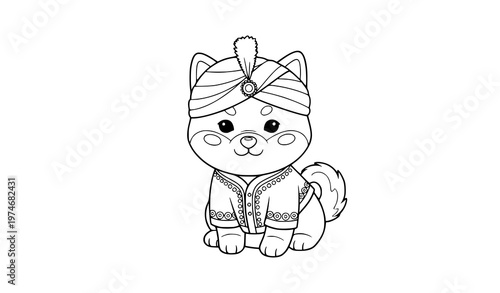 Fluffy kawaii Shiba Inu puppy coloring page outline with Indian costume cute dog vector illustration