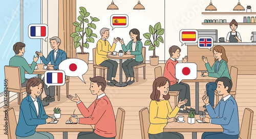 People communicating in a cafe with different language flags.
