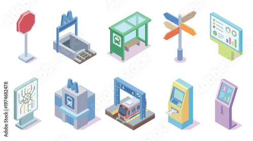 A collection of isometric vector icons representing various elements of urban public transportation systems, including stations, signs, and ticket machines.