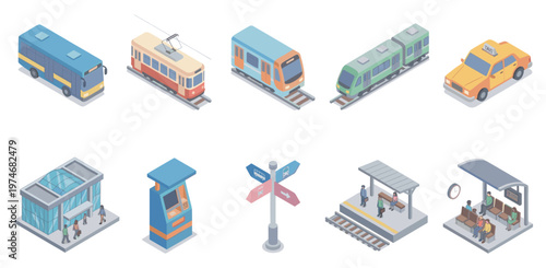A collection of isometric illustrations depicting various public transport vehicles like buses, trains, trams, and taxis alongside station elements and buildings for city transport concepts.