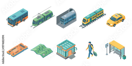 Collection of isometric vector illustrations featuring public transportation vehicles, stations, and travel elements like tickets and maps, ideal for urban mobility concepts.