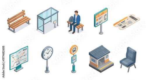 A collection of isometric illustrations features transportation elements like a bus stop, bench, ticket, clock, map, and a person waiting.