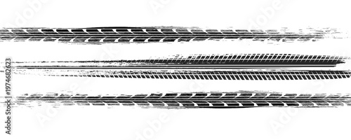 Tire tread marks, drift, motorsport, motocross, rally, tread mark with skid, grinding, splash effect. Graphic set of tire treads, wheel texture, car racing. Vector collection, wheel treads on asphalt